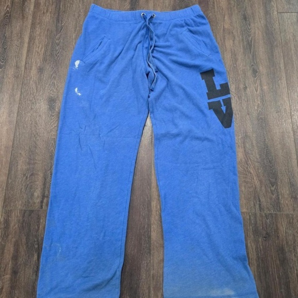 Y2K Victorias Secret PINK Blue Love Peace Wide Leg Sweatpants M (Bleach Stains)